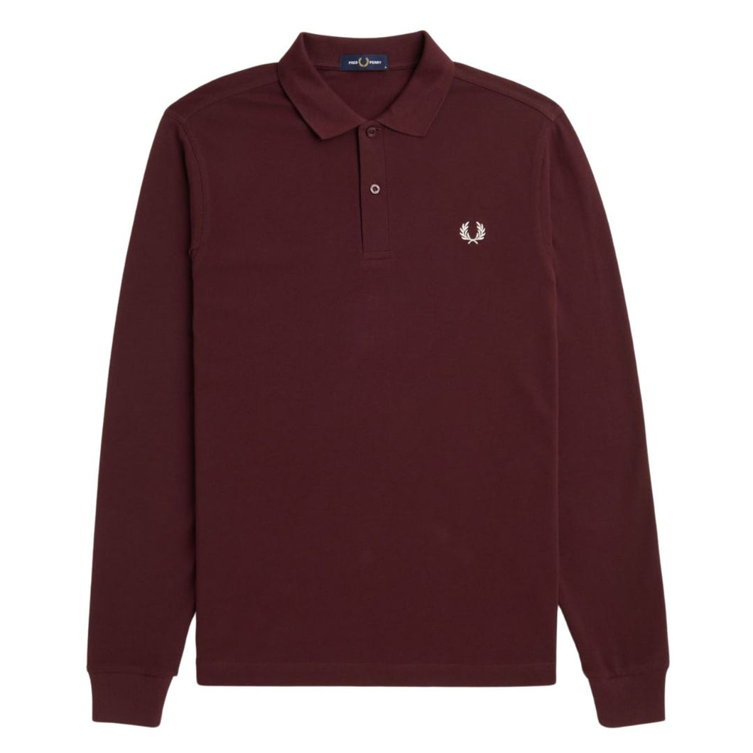 Fred Perry Classic Burgundy Long Sleeve Polo With White Crest Detailing