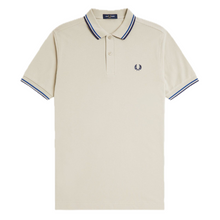 Load image into Gallery viewer, Fred Perry Light Oyster Polo with Sky &amp; Navy Tipping
